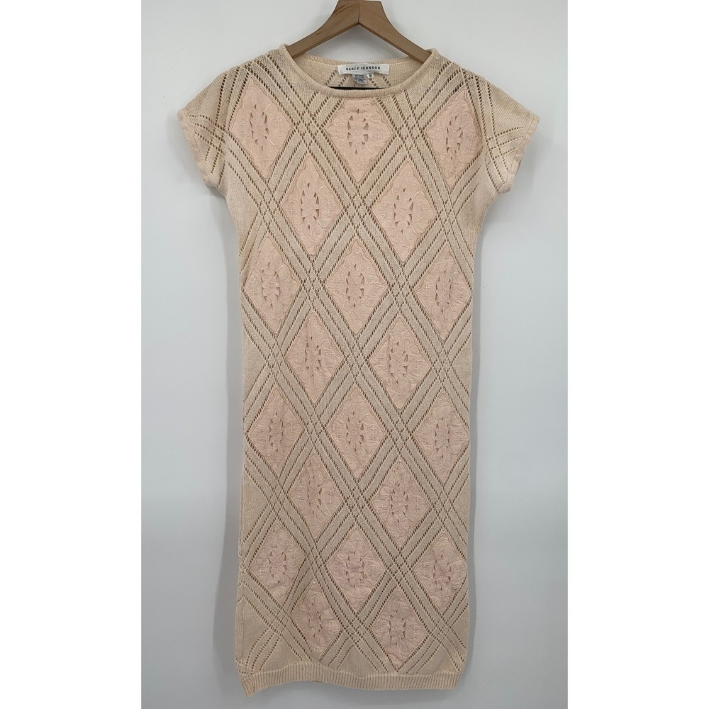 Vintage Nancy Johnson Dress Small Beige Peach Knit Diamond Crochet Cottage